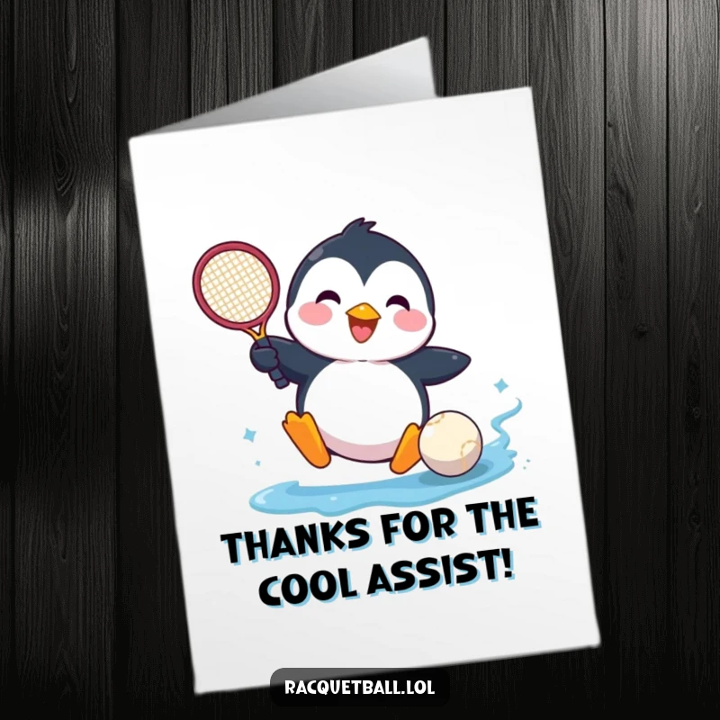 Funny Free Printable Thank You Card: A happy penguin hilariously slides into a ball, racquet by its side, showing thanks with glee.