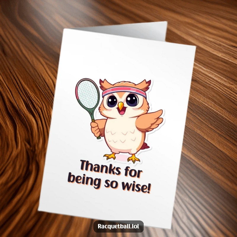 Funny Free Printable Thank You Card: A cheerful owl wearing a headband powerfully swings a tennis racquet to say thanks.