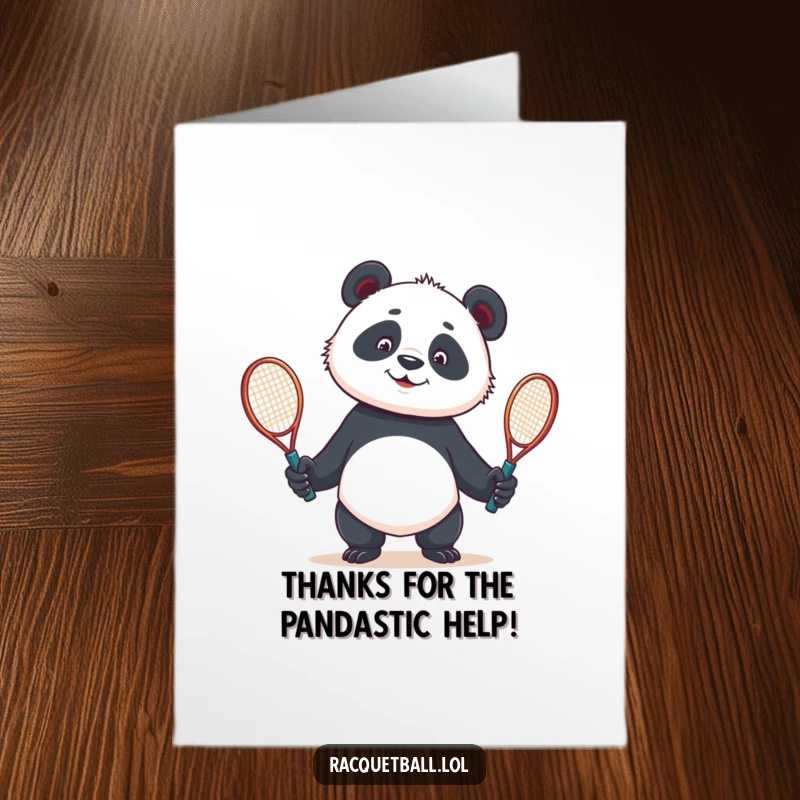 Funny Free Printable Thank You Card: A curious panda hilariously juggles two tennis racquets, offering a unique way to say thanks.