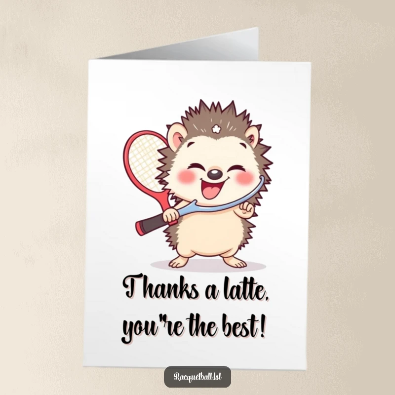 Funny Free Printable Thank You Card: A small hedgehog giggling, holding an oversized racquetball paddle with thanks.