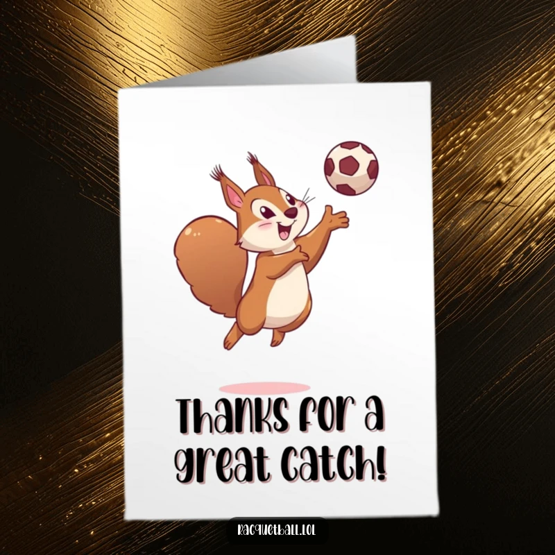 Funny Free Printable Thank You Card: Determined squirrel leaps high, hitting a ball with a playful smile, conveying thanks.