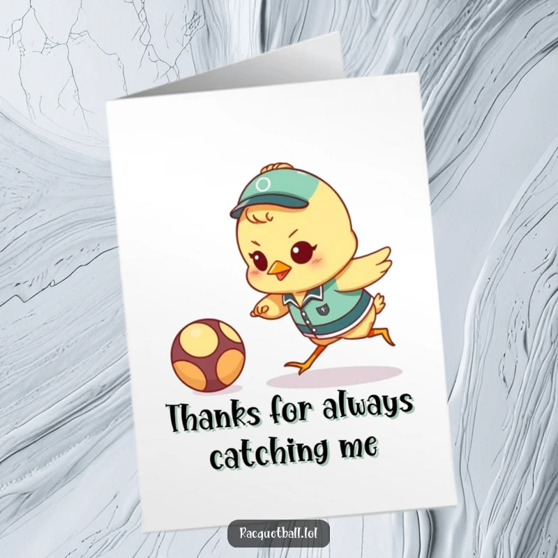 Funny Free Printable Thank You Card featuring a determined chick in uniform, mid-lunge, expressing thanks with athletic flair and a smile.