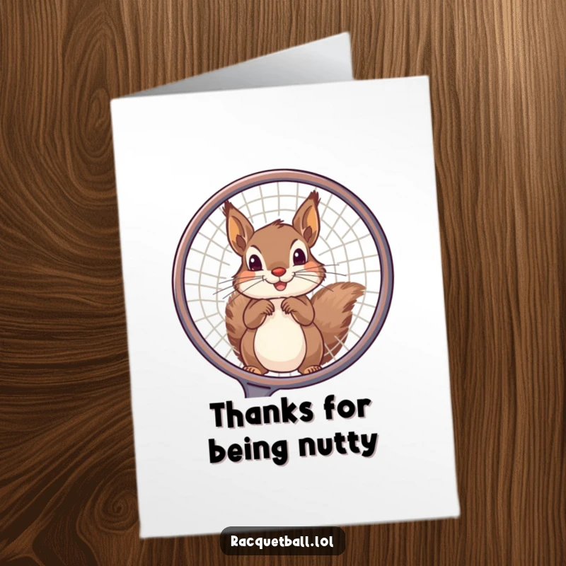 Funny Free Printable Thank You Card: A squirrel peeking through a large racquet frame, showing thanks with playful charm.
