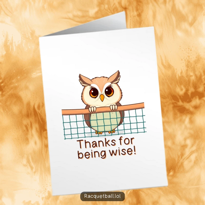 Funny Free Printable Thank You Card: Amusing owl curiously peeking over a racquetball net, adding a whimsical thank you.