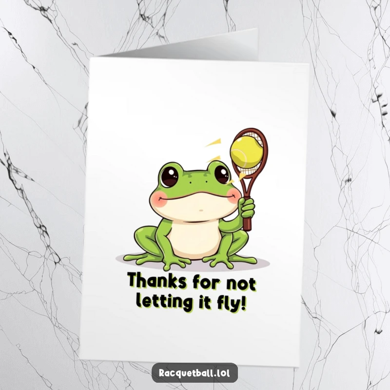Funny Free Printable Thank You Card: A cheerful frog with wide eyes intensely watches a racquetball speed past.