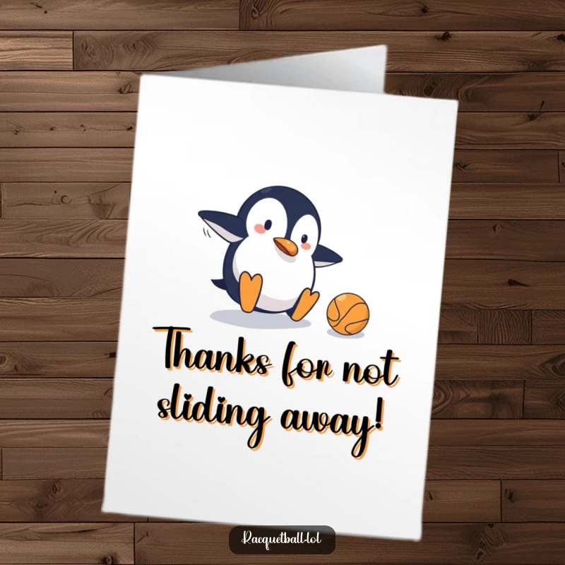 Funny Free Printable Thank You Card: A clumsy penguin slides on the court, comically missing the ball with a slide.