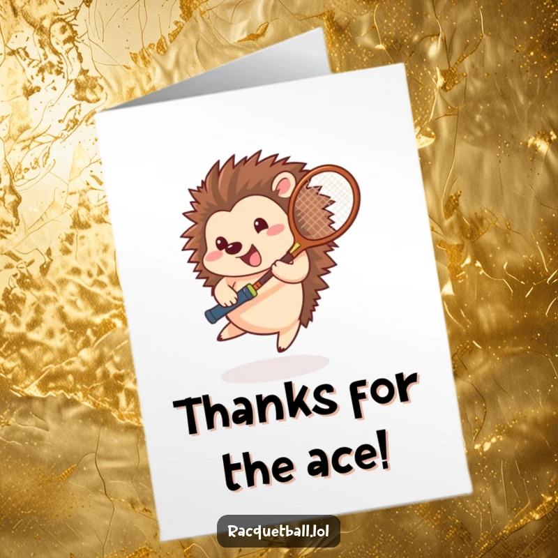Funny Free Printable Thank You Card: A happy hedgehog spins with a tennis racquet, creating a motion blur of thanks.