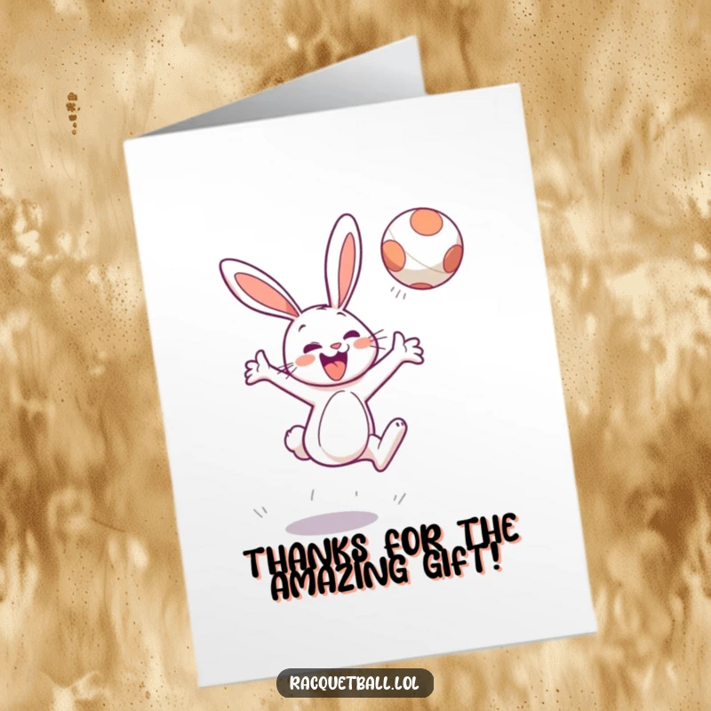 Funny Free Printable Thank You Card: Cheerful bunny character leaping enthusiastically to hit a floating ball, conveying thanks.