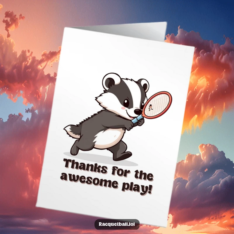 Funny Free Printable Thank You Card: A determined badger lunges with a tennis racquet, striking a powerful thank you.