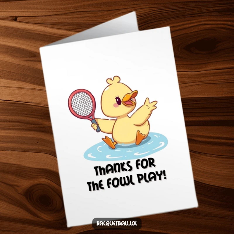 Funny Free Printable Thank You Card: A cute duck sliding dramatically, racquet outstretched, making a grateful save.
