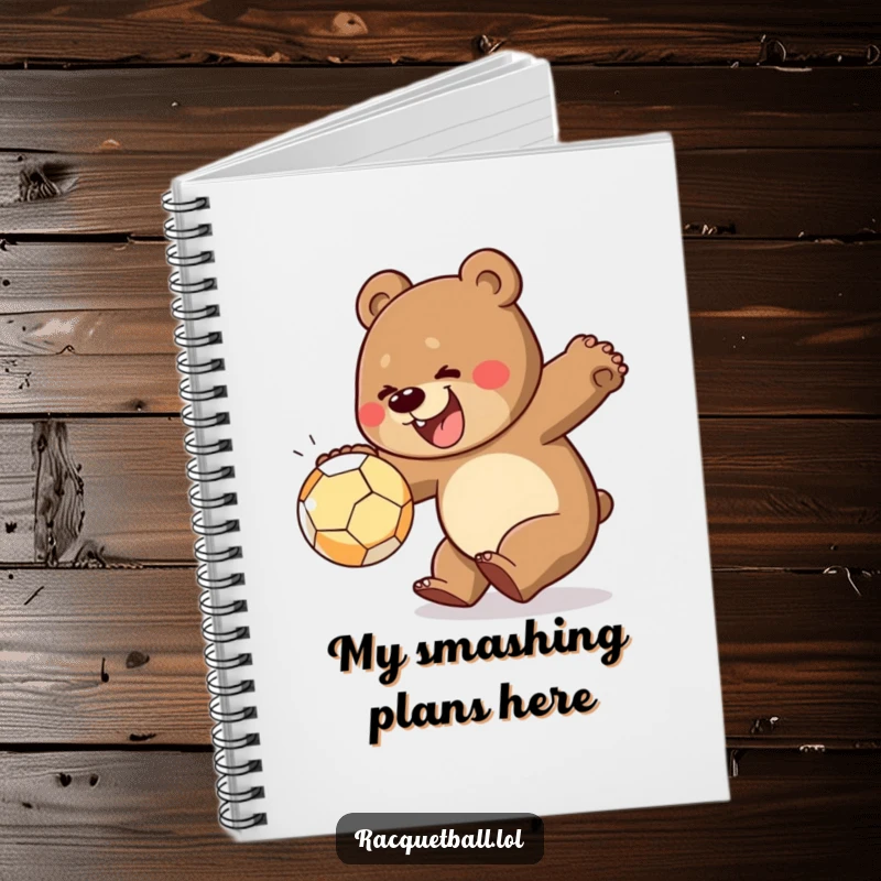 Funny notebook with a cheerful bear lunging to smash a ball, ideal for capturing notes and ideas with a dose of playful energy.
