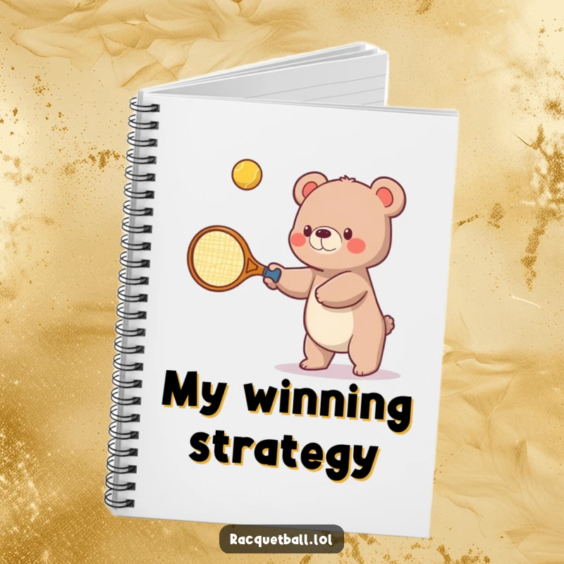 Funny notebook featuring a small bear wielding an oversized tennis racquet, playfully batting a bouncing ball upwards, ready to record your thoughts.
