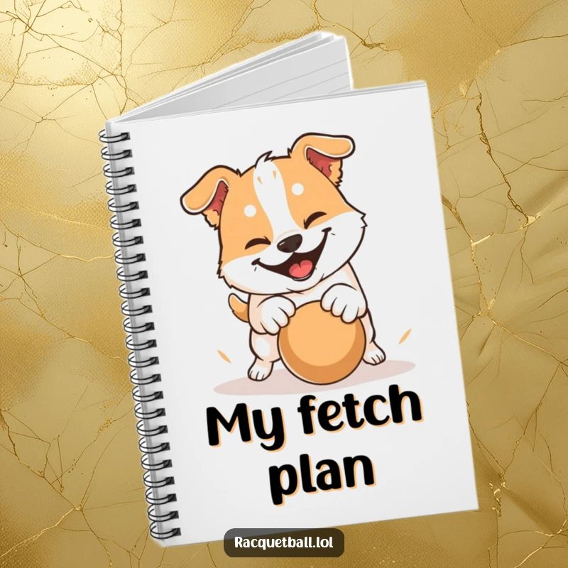 Funny notebook featuring a dog with a determined grin hitting a ball with a playful pounce, perfect for jotting down ideas humorously.