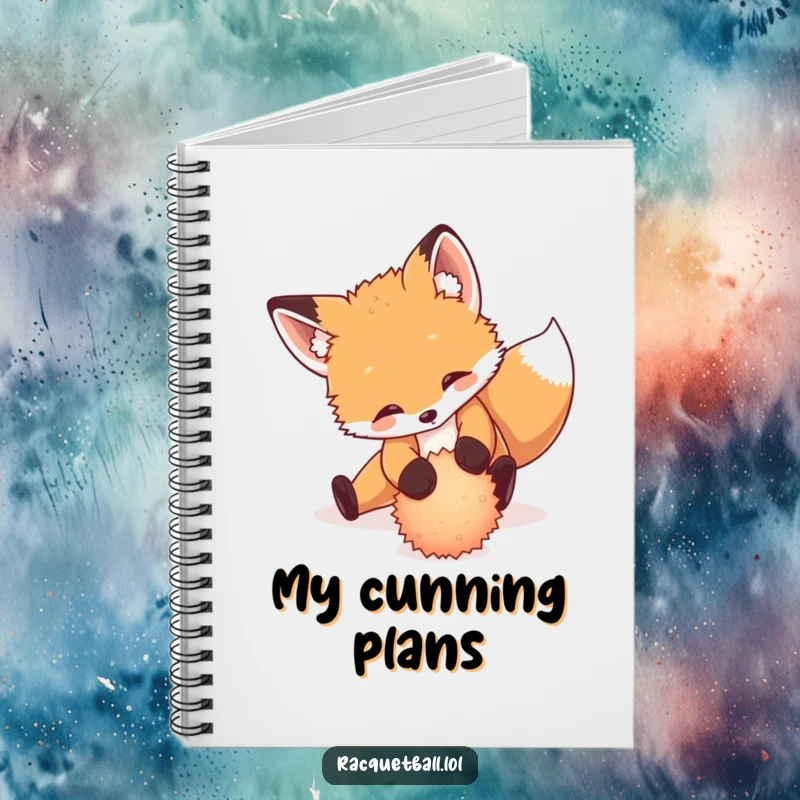 Funny notebook featuring a playful fox cub sliding dramatically to return a tiny, fuzzy ball, note-taking.
