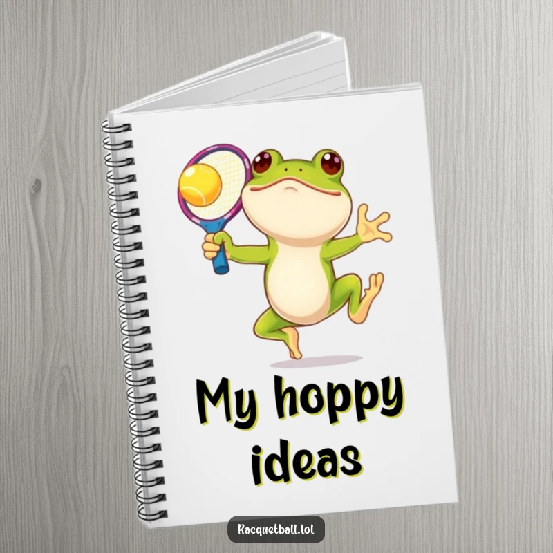 Funny frog tennis notebook, a smiling amphibian leaping with an oversized, colorful racquet, inspiring energetic notes and creative thoughts.