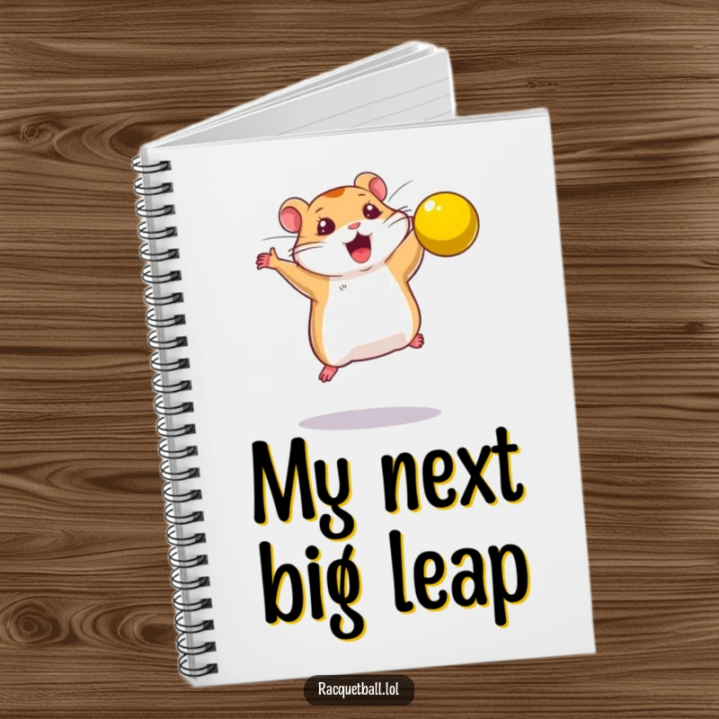 Funny notebook cover with a determined hamster leaping to smash a bright yellow ball, perfect for notes.
