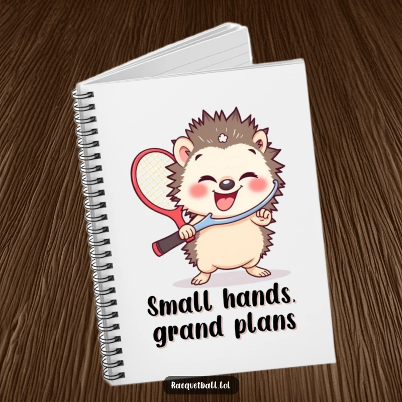 Funny notebook cover featuring a small hedgehog giggling hysterically while holding an oversized racquetball paddle.