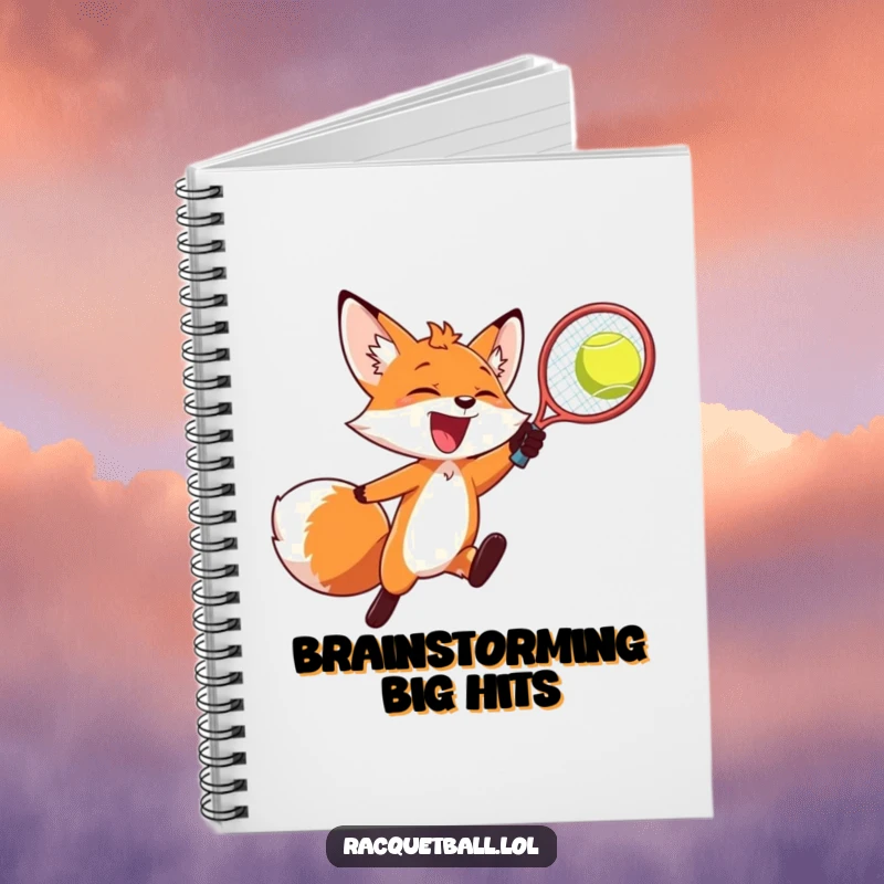 Funny notebook, a joyful fox leaping to smash a racquetball mid-air, for jotting down winning ideas.