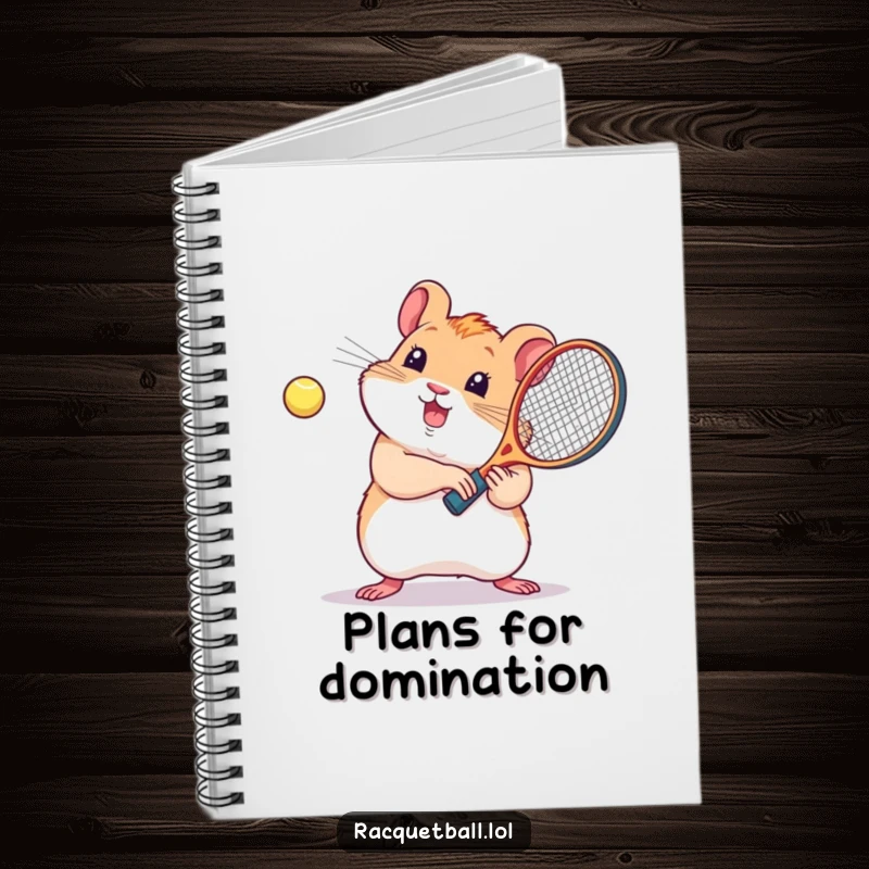 Funny notebook, a cute kawaii hamster swinging a tiny racquetball racquet, for jotting down funny ideas.