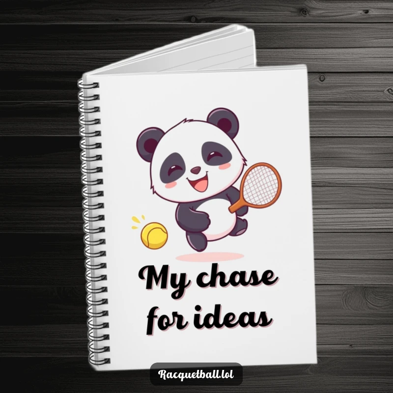 Funny Notebook: Giggling panda character happily chasing a runaway racquetball, perfect for jotting down notes with humor.