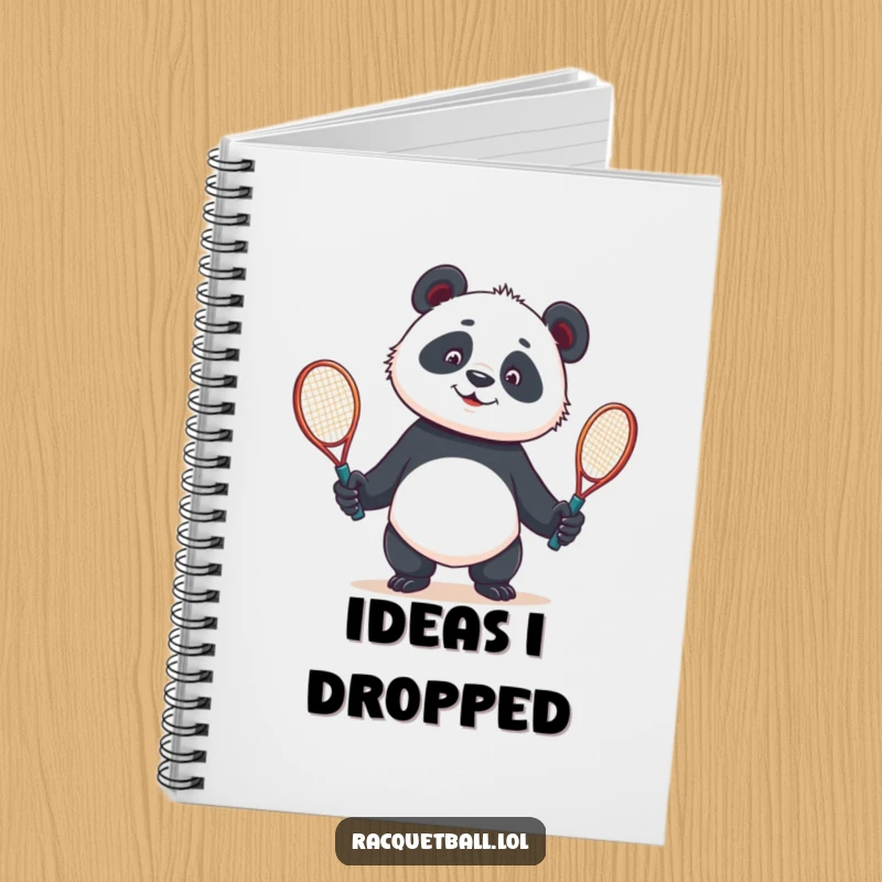 Funny notebook with a curious panda comically juggling two tennis racquets, perfect for capturing ideas and doodles.