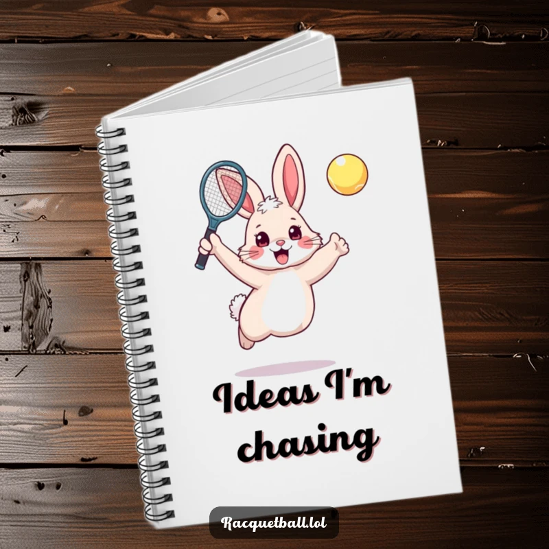 Funny rabbit tennis notebook with a fluffy, excited bunny leaping with a tennis racquet on the cover.