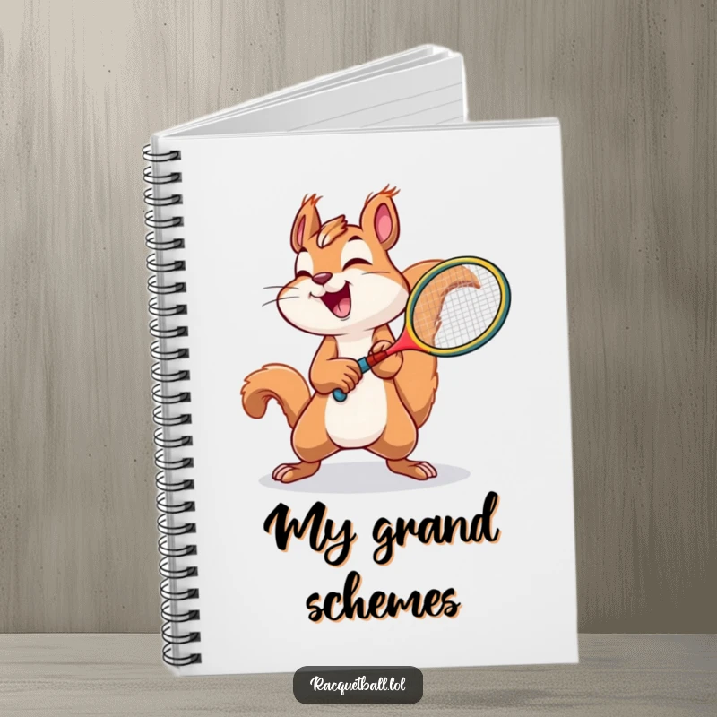 Funny squirrel tennis notebook with a joyful squirrel swinging a tiny racquet on the cover.