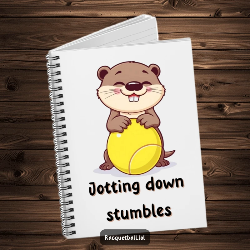 Funny notebook, a playful otter comically tripping over a giant racquetball, for jotting down humorous ideas.