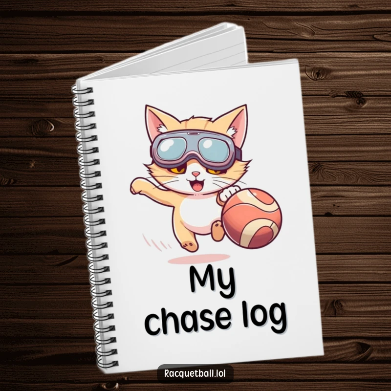 Funny notebook featuring a cat with oversized goggles enthusiastically chasing a fast-moving ball, perfect for jotting down ideas humorously.