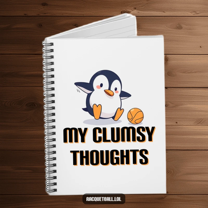Funny notebook cover showing a clumsy penguin sliding on a tennis court, narrowly missing the ball, designed to inspire recording strategies and funny moments.
