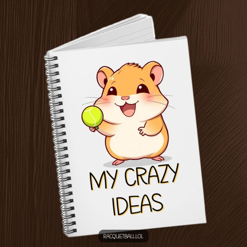 Funny hamster racquetball notebook with a joyful hamster spinning a ball, ideal for jotting down notes and game plans, a humorous sports gift.