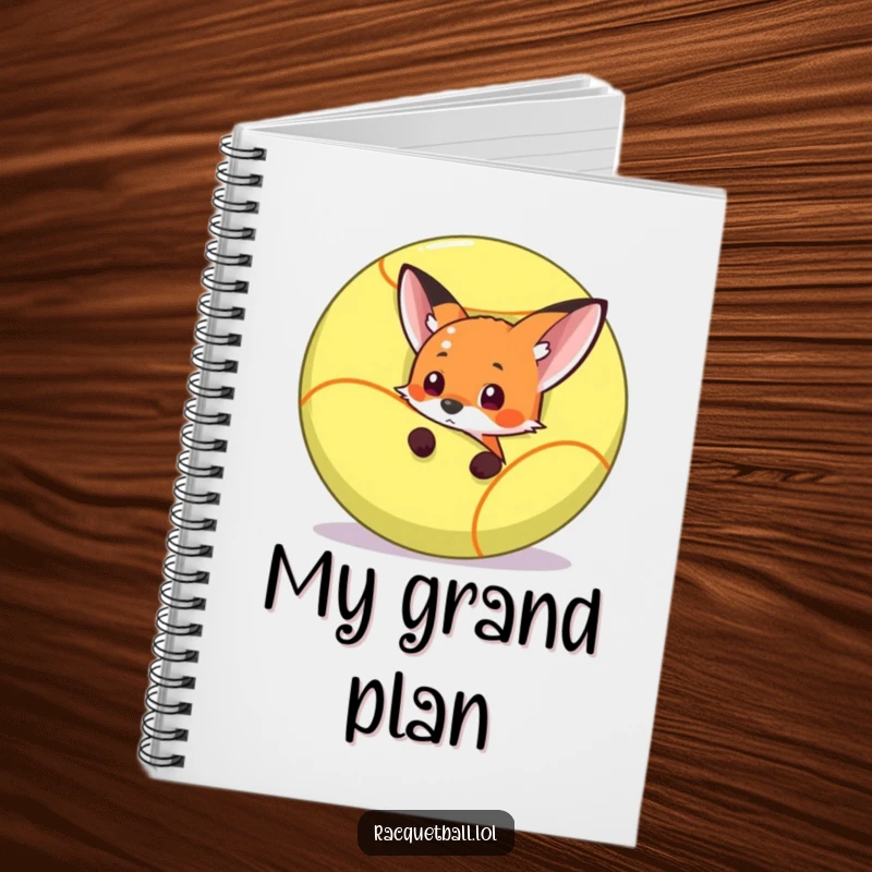Funny fox peeking behind a giant racquetball, capturing a moment of humorous anticipation, on a funny notebook.