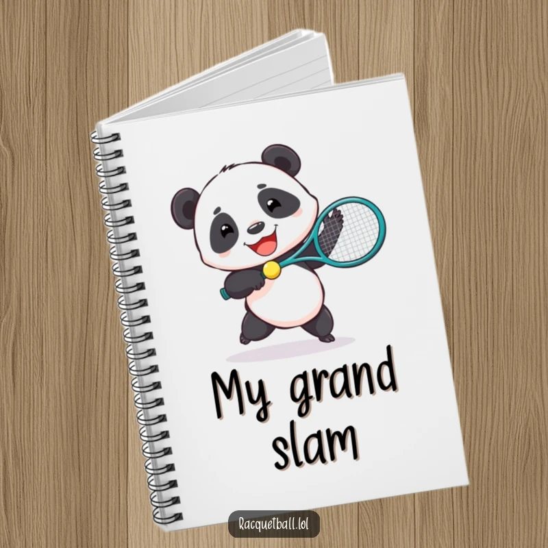 Funny notebook cover with a joyful panda playing tennis with a large racquet, perfect for note-taking.