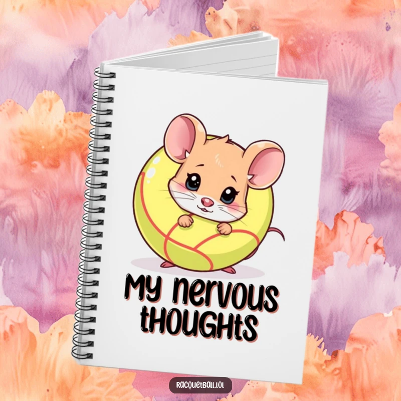 Funny shy mouse peeking from behind a racquetball on a notebook cover. A timid funny gift for writers.