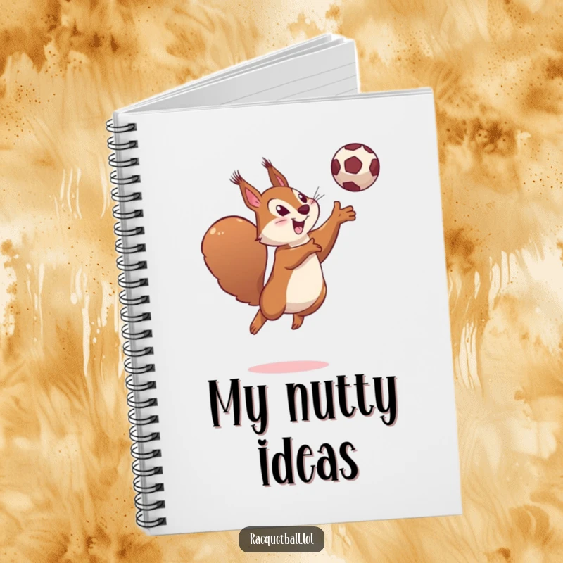 Funny notebook with a determined squirrel leaping high, hitting a ball with a playful smile.