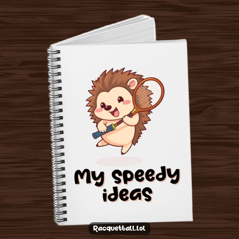 Funny hedgehog tennis notebook, a happy athlete spinning with a racquet, inspiring creative ideas and playful thoughts.