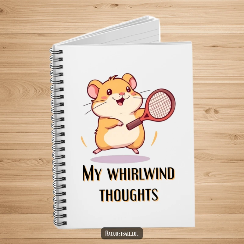 Funny hamster tennis notebook with an energetic hamster spinning frantically with a tennis racquet on the cover.