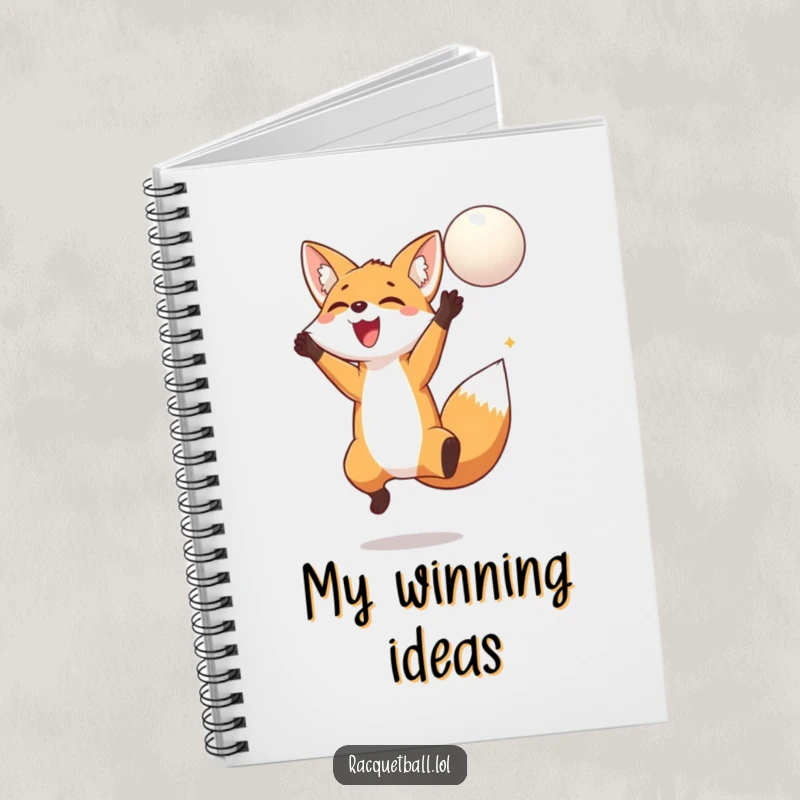 Funny fox jumping notebook showing a happy fox leaping high to hit a floating ball, perfect for capturing inspired thoughts.