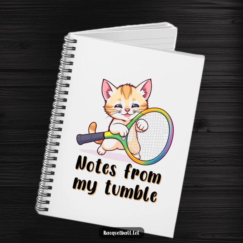 Funny kitten tennis notebook with a cute cat comically tripping over a giant racquet, encouraging fun and creativity.