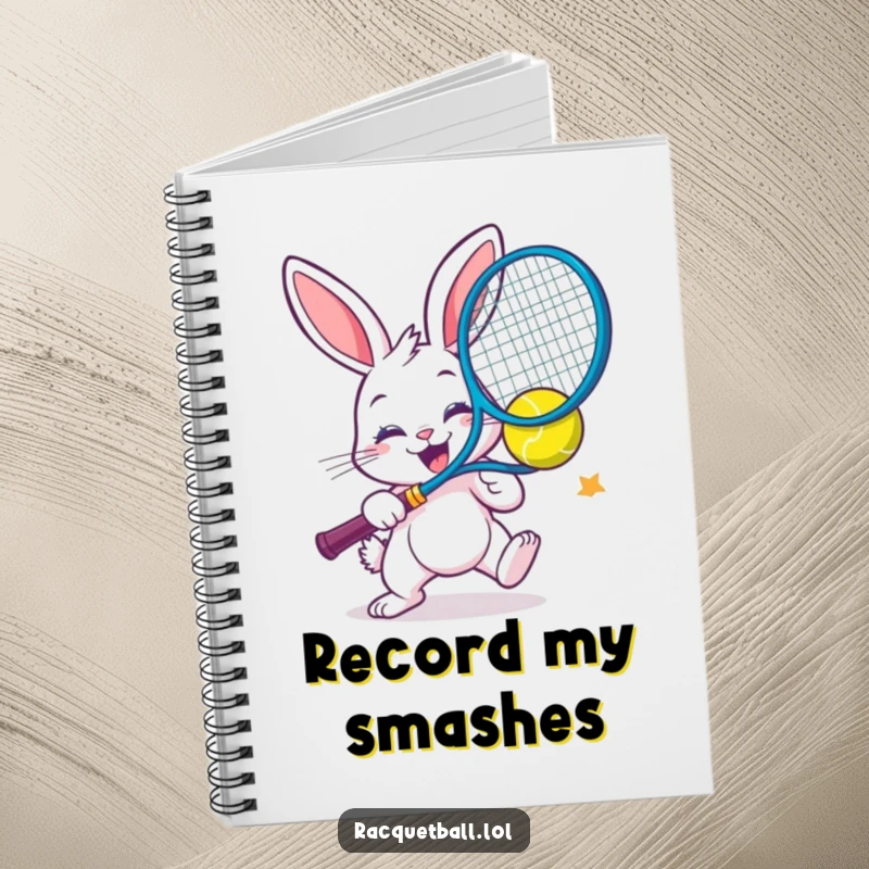Funny notebook with a cheerful bunny smashing a colorful racquetball with extreme enthusiasm.