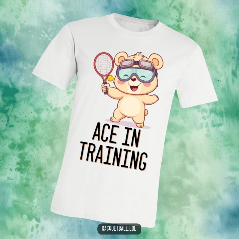Funny t-shirt showcasing a giggling bear wearing oversized goggles, in the act of serving a racquetball with a dramatic and funny flourish.