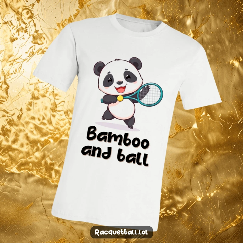 Funny t-shirt graphic of a joyful panda playing tennis with an oversized racquet, full of energy.