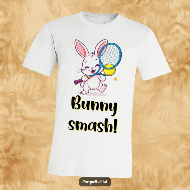 Funny cheerful bunny in mid-air, smashing a colorful racquetball with extreme enthusiasm on a t-shirt.
