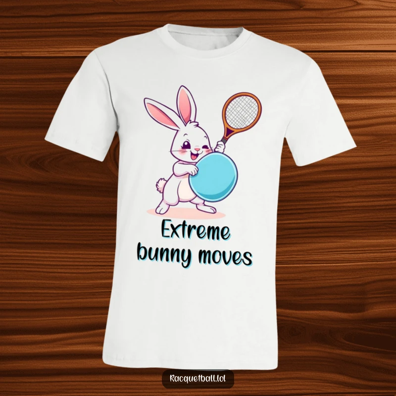 Funny Rabbit T-Shirt: A cartoon rabbit caught in a dynamic, exaggerated swing with a racquetboard, showcasing athletic humor.