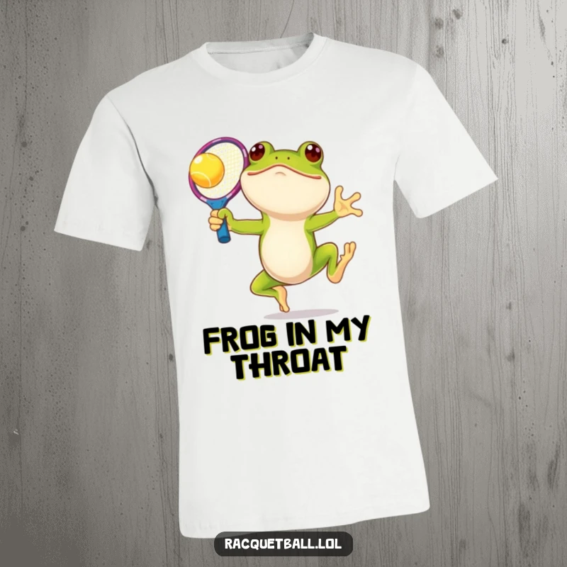 Funny frog tennis t-shirt, a smiling amphibian leaping high with an oversized, colorful racquet, capturing joyful athletic movement.