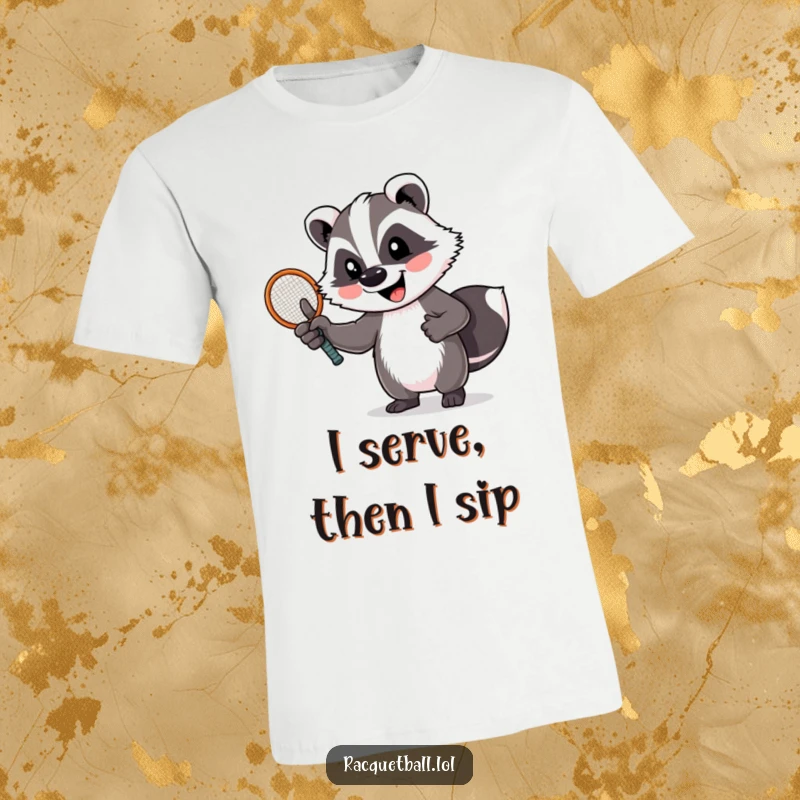 Funny badger t-shirt showing a cheerful badger giving a thumbs up while holding a tennis racquet. Ready to play and smile.