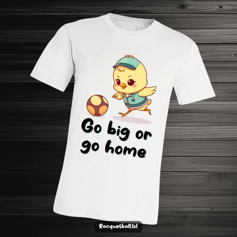 Funny chick athlete t-shirt featuring a determined little bird in a uniform lunging for a ball, embodying sports enthusiasm and humor.