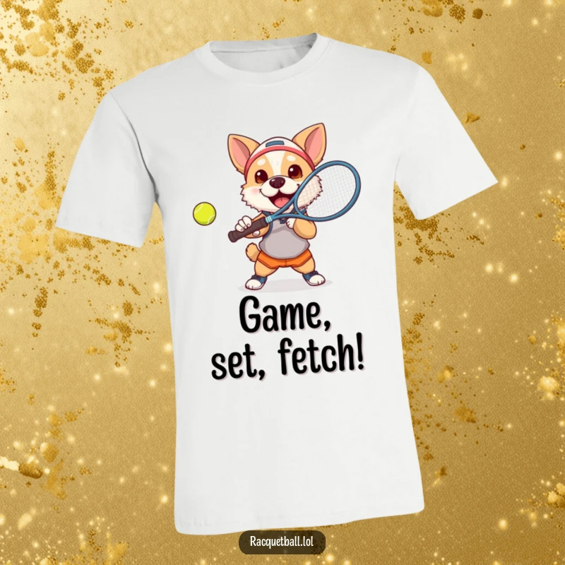 Funny dog tennis t-shirt showing a determined dog crushing a tennis ball with a racquet, ready for action.