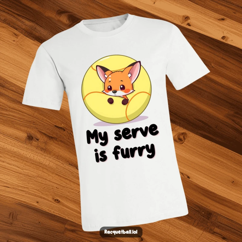 Funny fox ready to pounce from behind a giant racquetball, depicted on a funny t-shirt with athletic humor.
