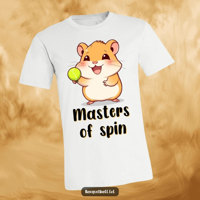 Funny hamster t-shirt featuring a joyful hamster spinning a racquetball, perfect for athletes and pet owners, a humorous and cute sports gift.